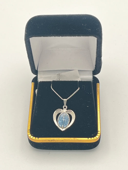 Blue Heart Sterling Silver Miraculous Medal with Blue Enamel 3/4"