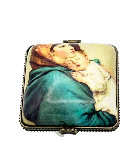 Square Porcelain Madonna and Child Rosary Box 2 1/2"