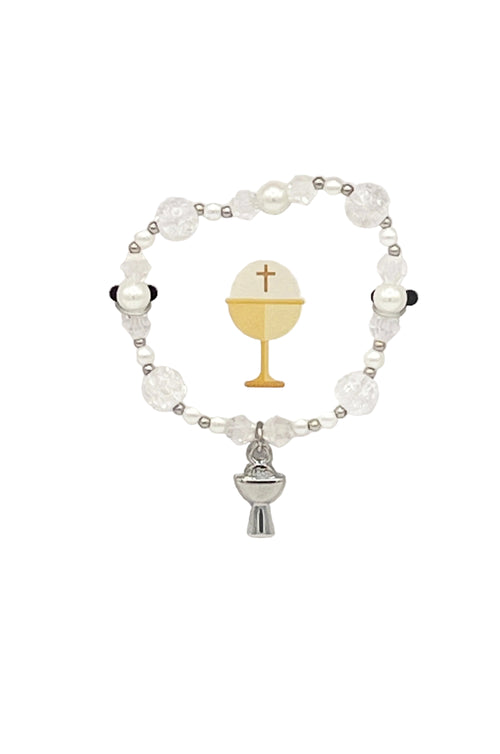 White Pearl and Crystal First Communion Bracelet with Silver Chalice Charm