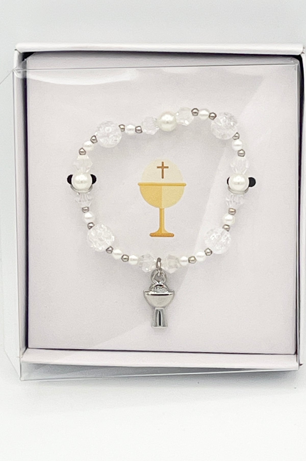 White Pearl and Crystal First Communion Bracelet with Silver Chalice Charm