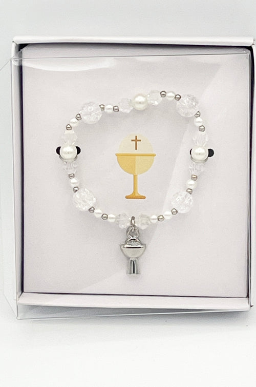 White Pearl and Crystal First Communion Bracelet with Silver Chalice Charm