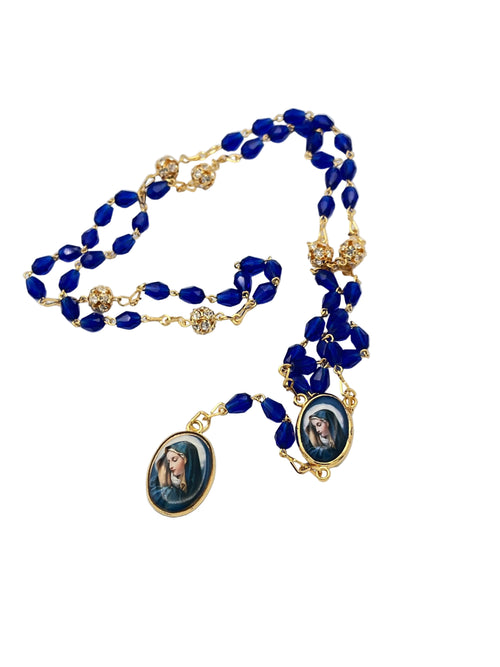 Seven Sorrows Blue Crystal Gold Rosary with black box