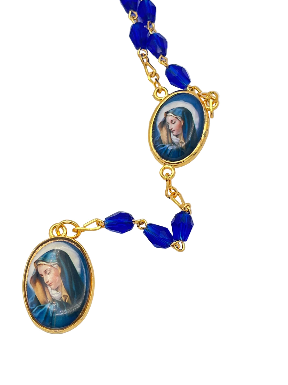 Seven Sorrows Blue Crystal Gold Rosary with black box