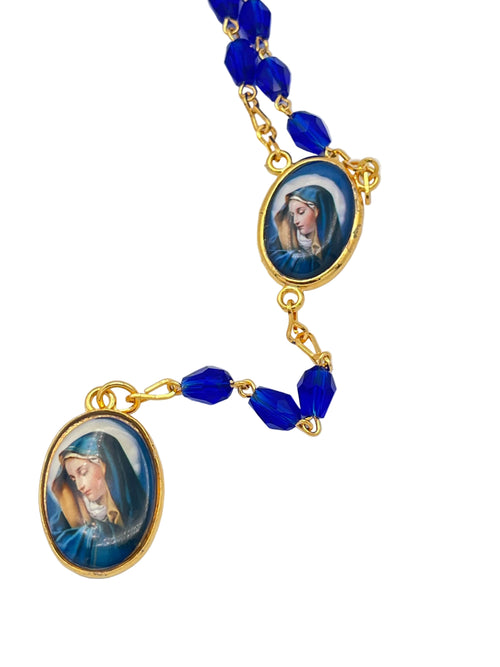 Seven Sorrows Blue Crystal Gold Rosary with black box