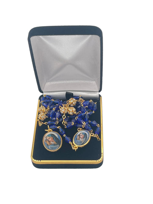 Seven Sorrows Blue Crystal Gold Rosary with black box