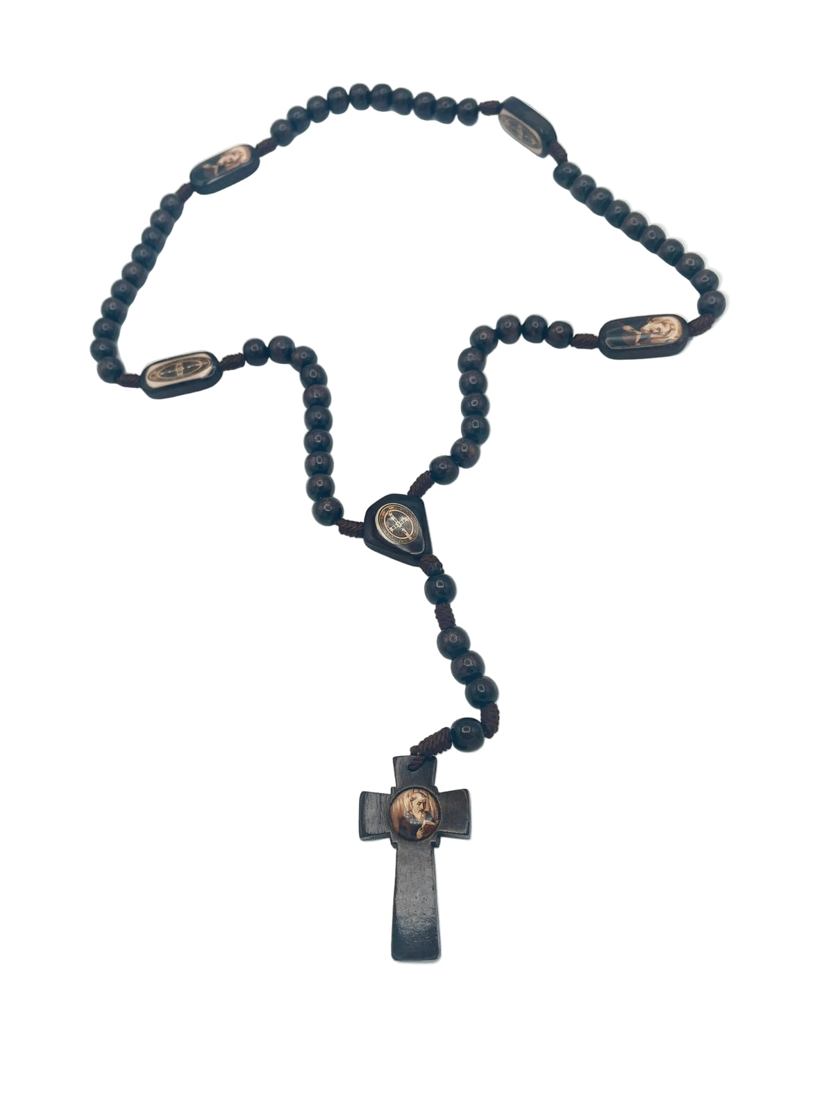A black beaded rosary with metallic medallions and a dark cross pendant, photographed on a plain white background.