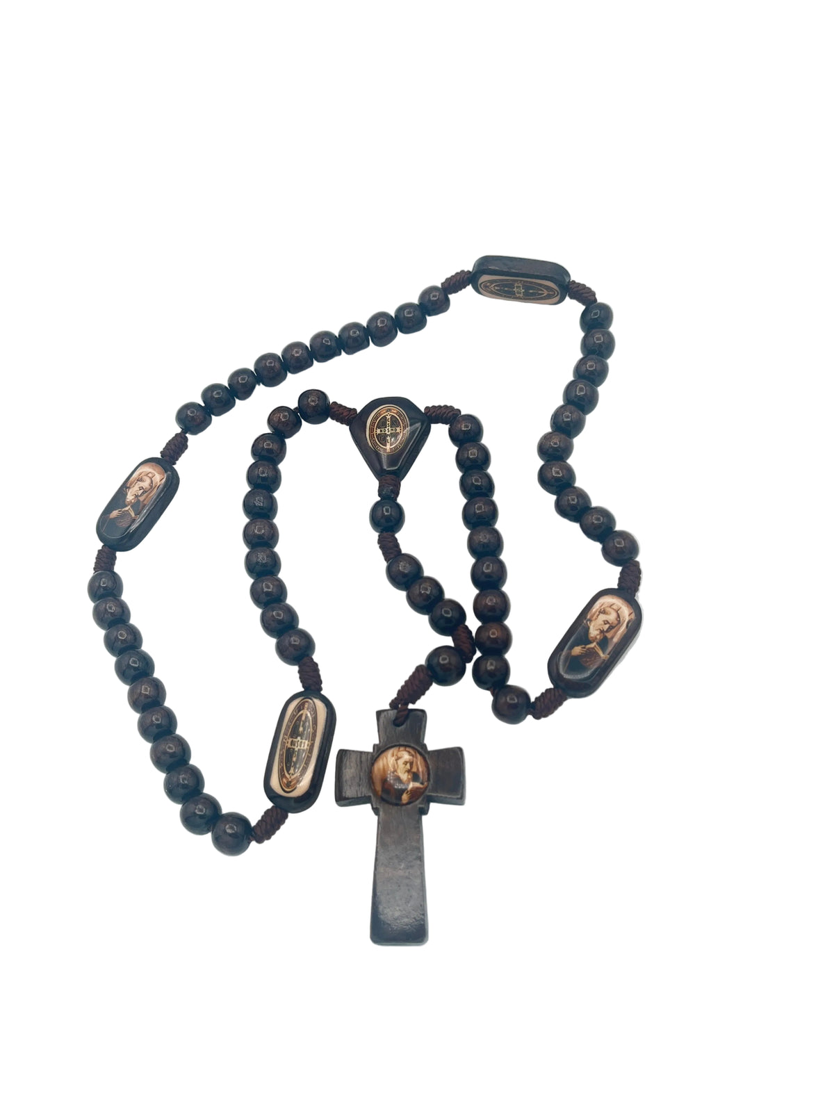 A dark wooden Catholic rosary with round beads, three oval wooden medallions featuring religious portraits, and a dark wooden crucifix, displayed on a plain white background.