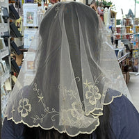 White and Gold Daisy Lace Mantilla Chapel Spanish Veil 48" - Unique Catholic Gifts
