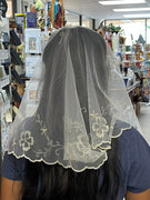 White and Gold Daisy Lace Mantilla Chapel Spanish Veil 48" - Unique Catholic Gifts