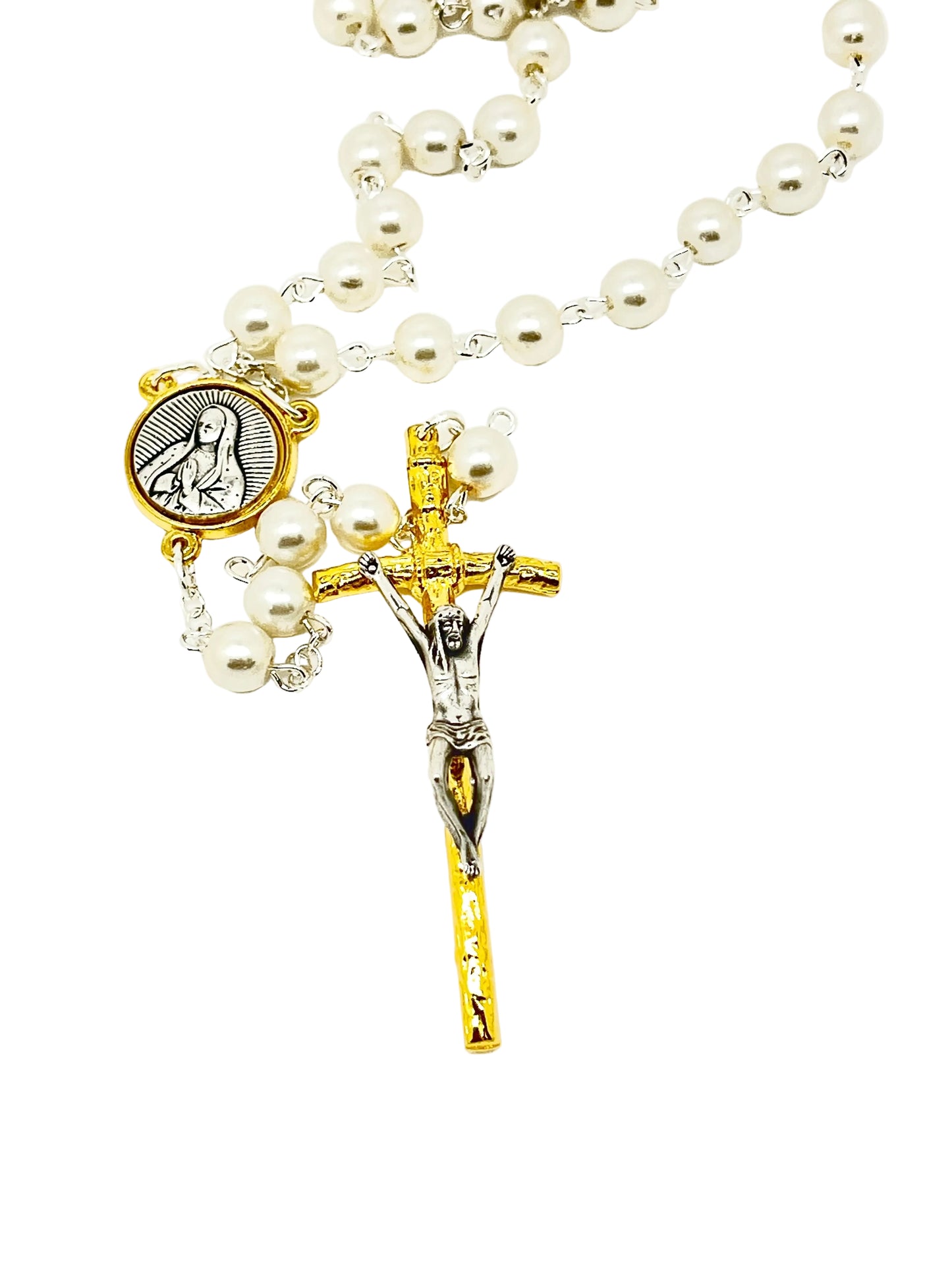 Our Lady of Guadalupe Silver and Gold Two Tone and White Pearl Rosary - Unique Catholic Gifts