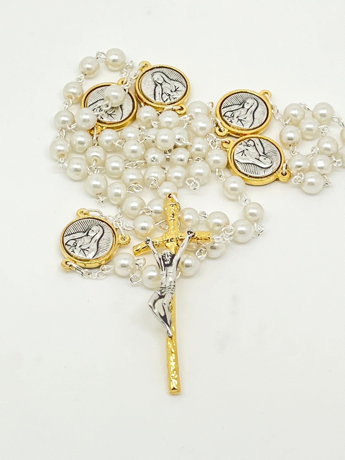 Our Lady of Guadalupe Silver and Gold Two Tone and White Pearl Rosary - Unique Catholic Gifts