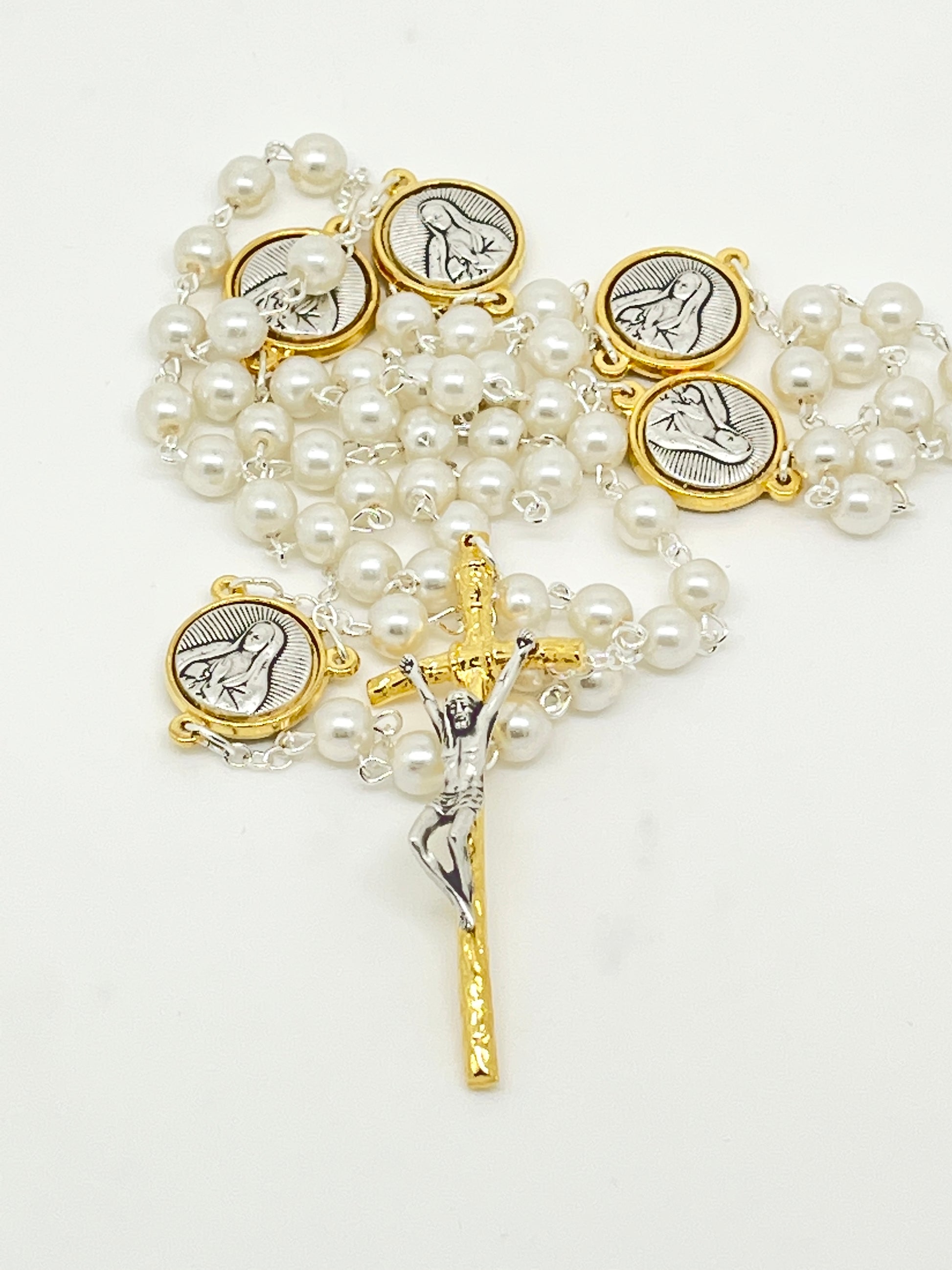 Our Lady of Guadalupe Silver and Gold Two Tone and White Pearl Rosary - Unique Catholic Gifts
