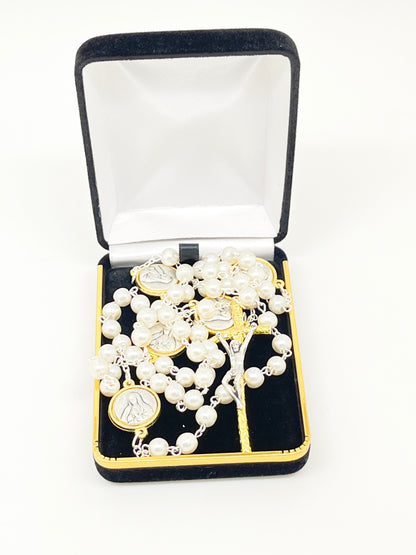 Our Lady of Guadalupe Silver and Gold Two Tone and White Pearl Rosary - Unique Catholic Gifts