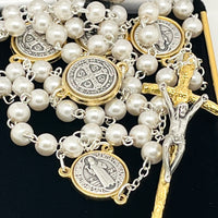 Silver and Gold Two Tone and White Pearl Bead Saint Benedict Rosary - Unique Catholic Gifts