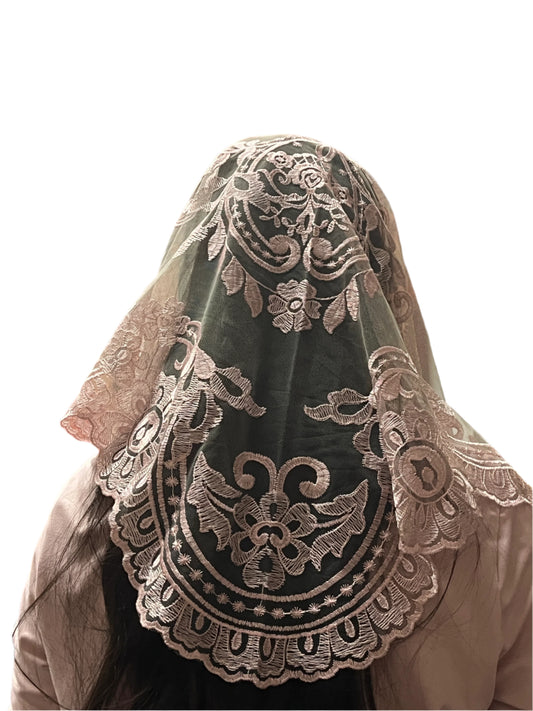 Grey and Pink Lilian Lace Mantilla Chapel Spanish Veil 51" - Unique Catholic Gifts