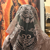 Grey and Pink Lilian Lace Mantilla Chapel Spanish Veil 51" - Unique Catholic Gifts