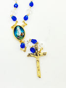 Our Lady of Fatima Blue and Clear Crystal Rosary Gold - Unique Catholic Gifts