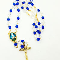 Our Lady of Fatima Blue and Clear Crystal Rosary Gold - Unique Catholic Gifts