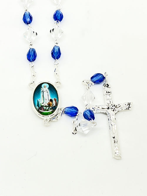 Our Lady of Fatima Blue and Clear Crystal Rosary Silver - Unique Catholic Gifts