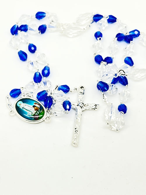 Our Lady of Fatima Blue and Clear Crystal Rosary Silver - Unique Catholic Gifts