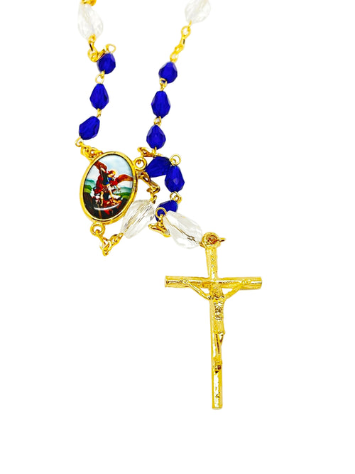 St. Michael Chaplet Gold with Blue Crystal Beads - Unique Catholic Gifts