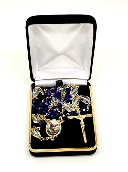 St. Michael Chaplet Gold with Blue Crystal Beads - Unique Catholic Gifts