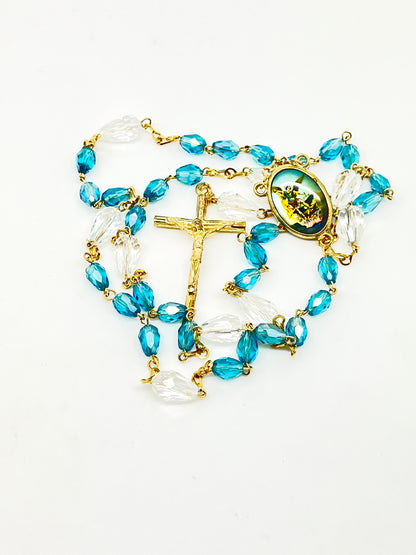 St. Michael Chaplet Gold with Aqua Blue Crystal Beads - Unique Catholic Gifts