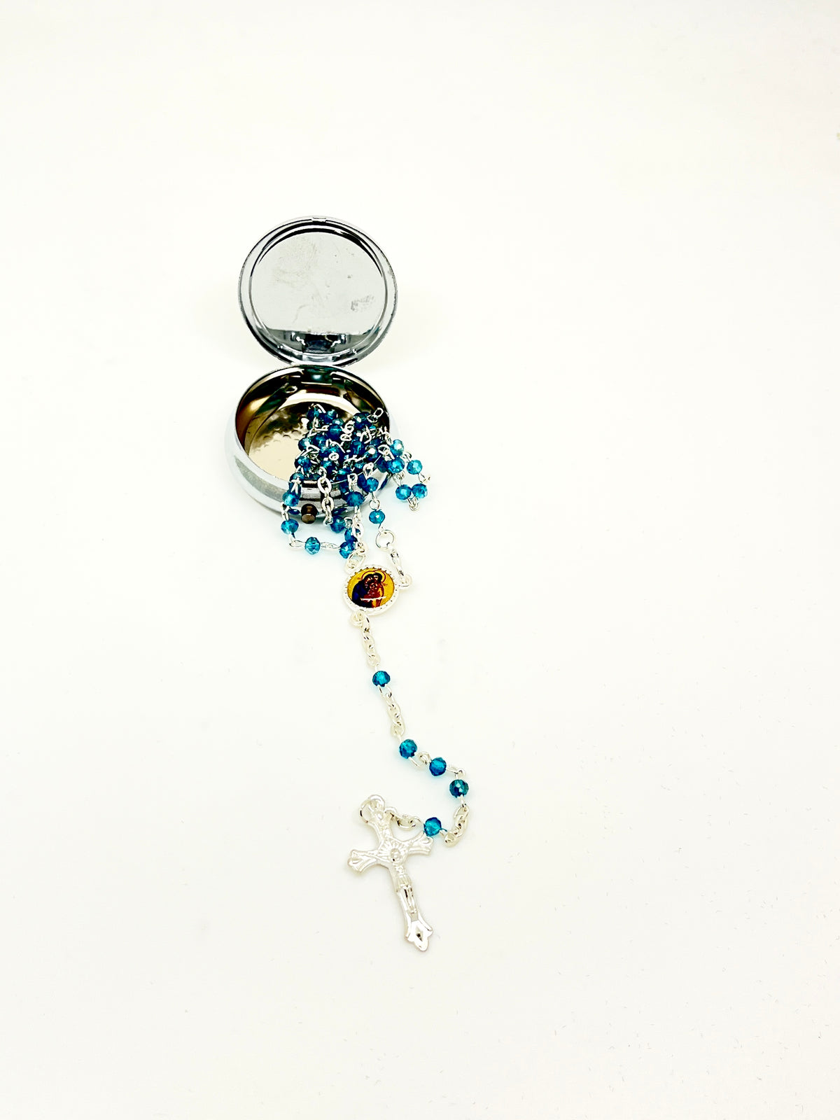 Holy Family Round Metal Box and Rosary  4 mm - Unique Catholic Gifts