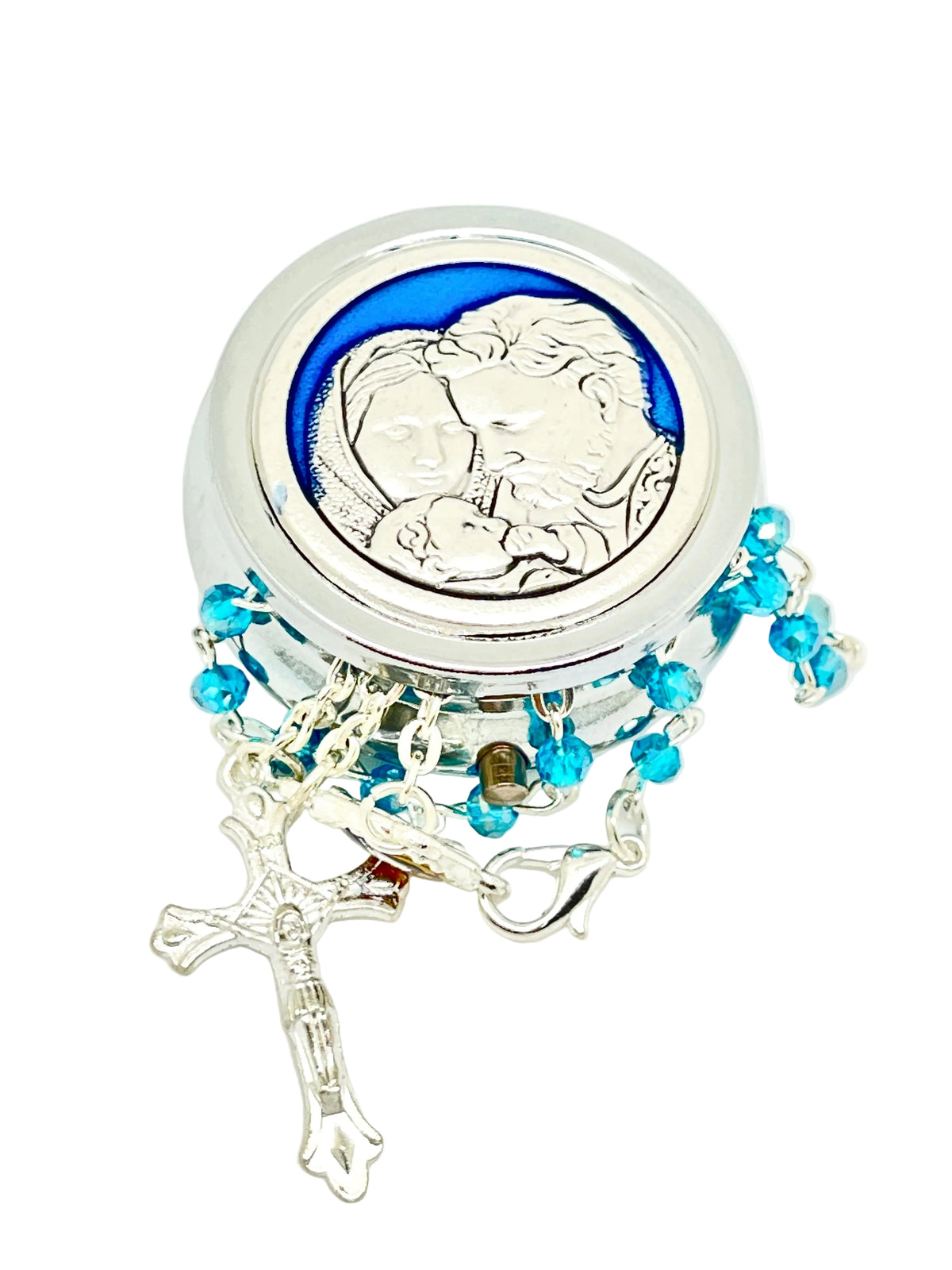 Holy Family Round Metal Box and Rosary  4 mm - Unique Catholic Gifts