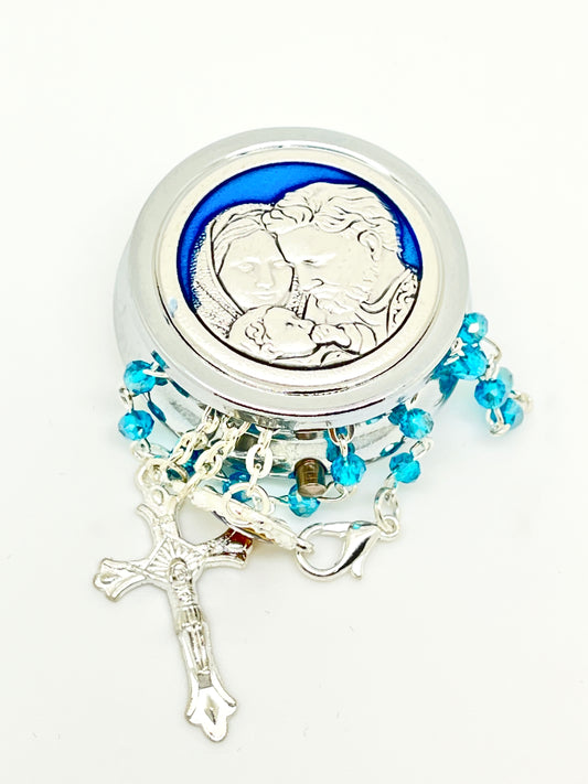 Holy Family Round Metal Box and Rosary  4 mm - Unique Catholic Gifts
