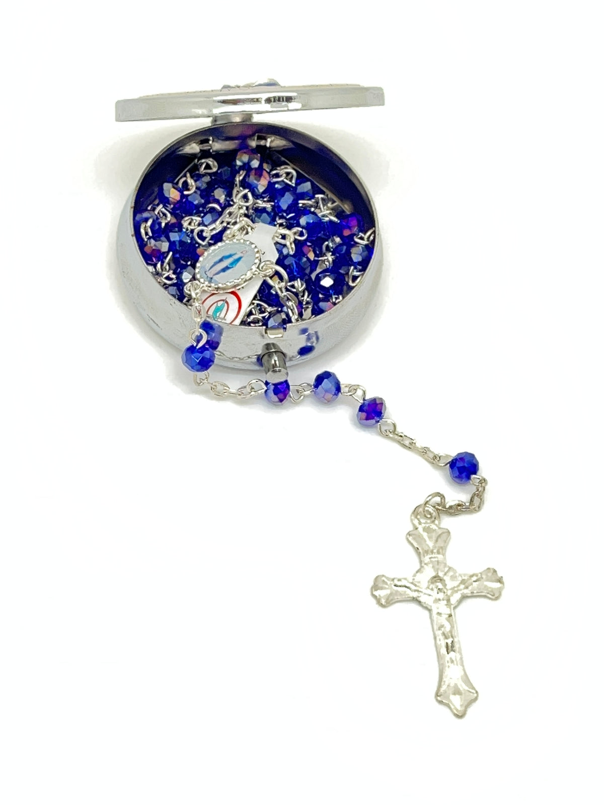 Miraculous Medal Italian Round Metal Box and Rosary  5 mm - Unique Catholic Gifts