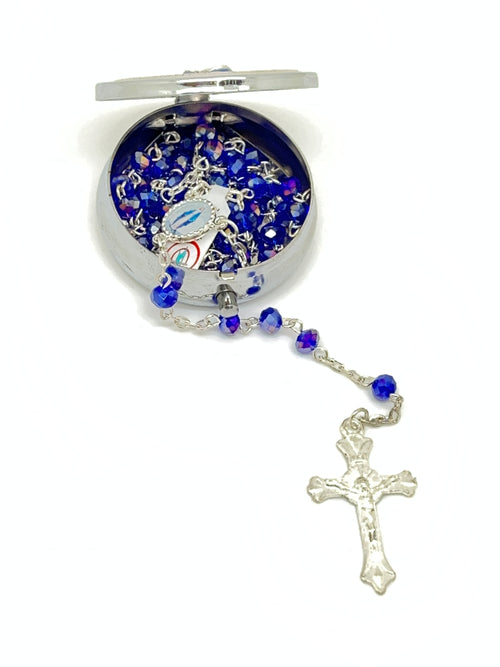 Miraculous Medal Italian Round Metal Box and Rosary  5 mm - Unique Catholic Gifts