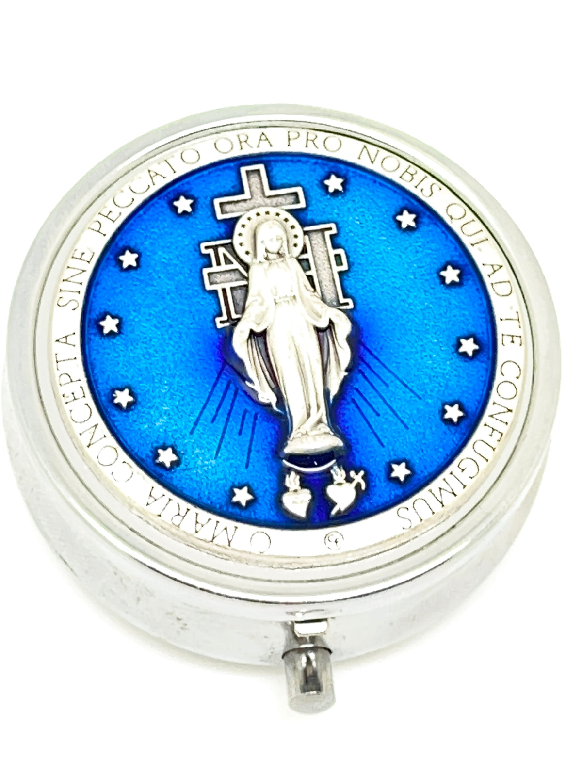 Miraculous Medal Italian Round Metal Box and Rosary  5 mm - Unique Catholic Gifts
