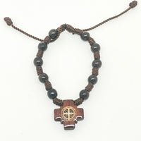 Saint Benedict Cross Brown Cord and Wood Sliding Bracelet - Unique Catholic Gifts