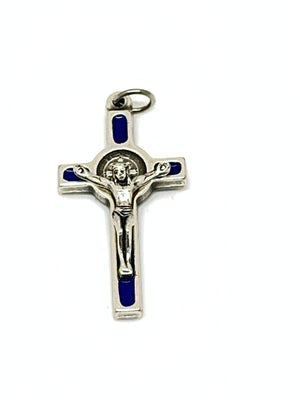 Saint Benedict Silver Tone and Blue Enamel Crucifix medal 1 1/2