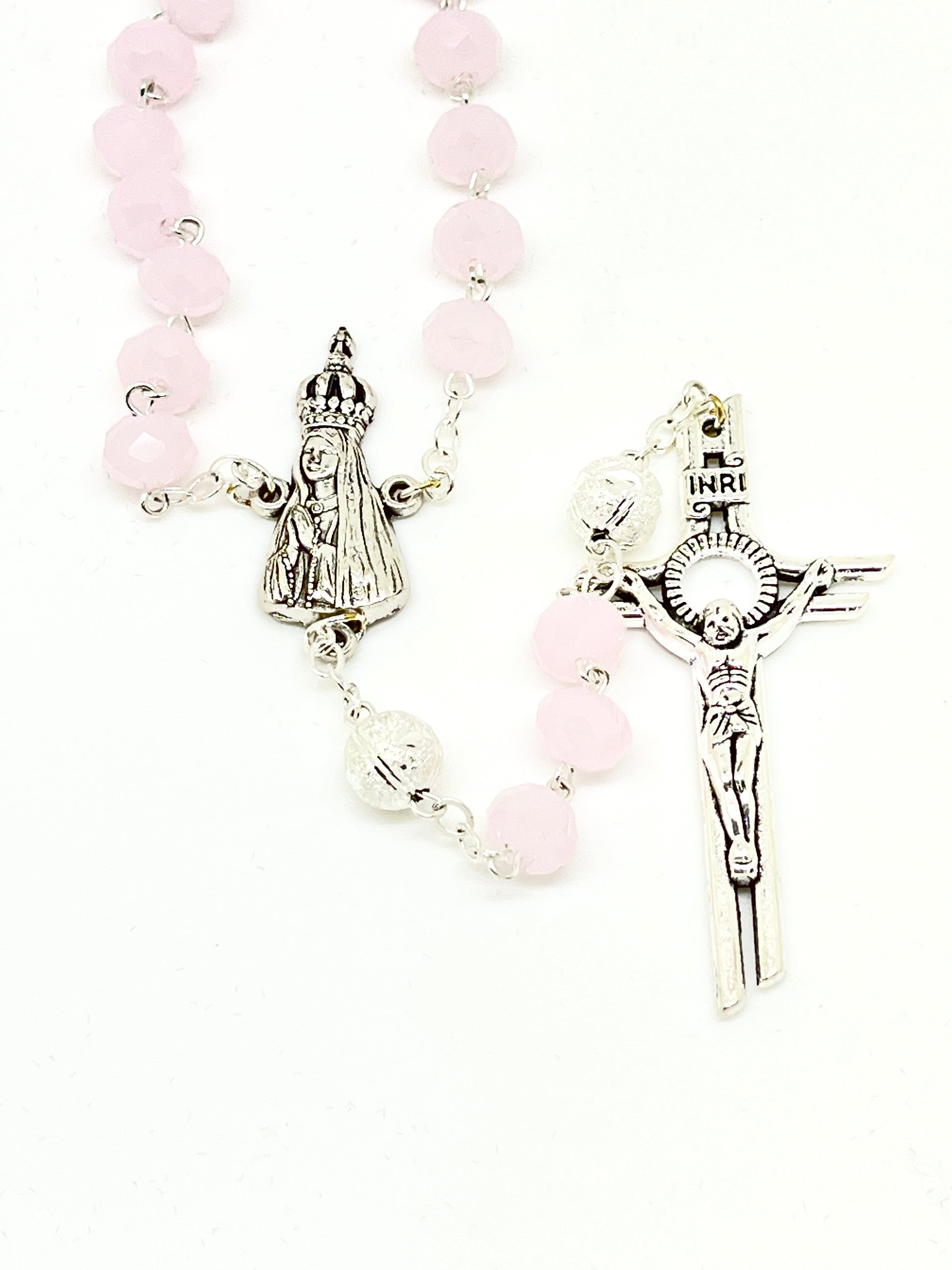 Silver and Soft Pink Crystal Rosary 8MM - Unique Catholic Gifts