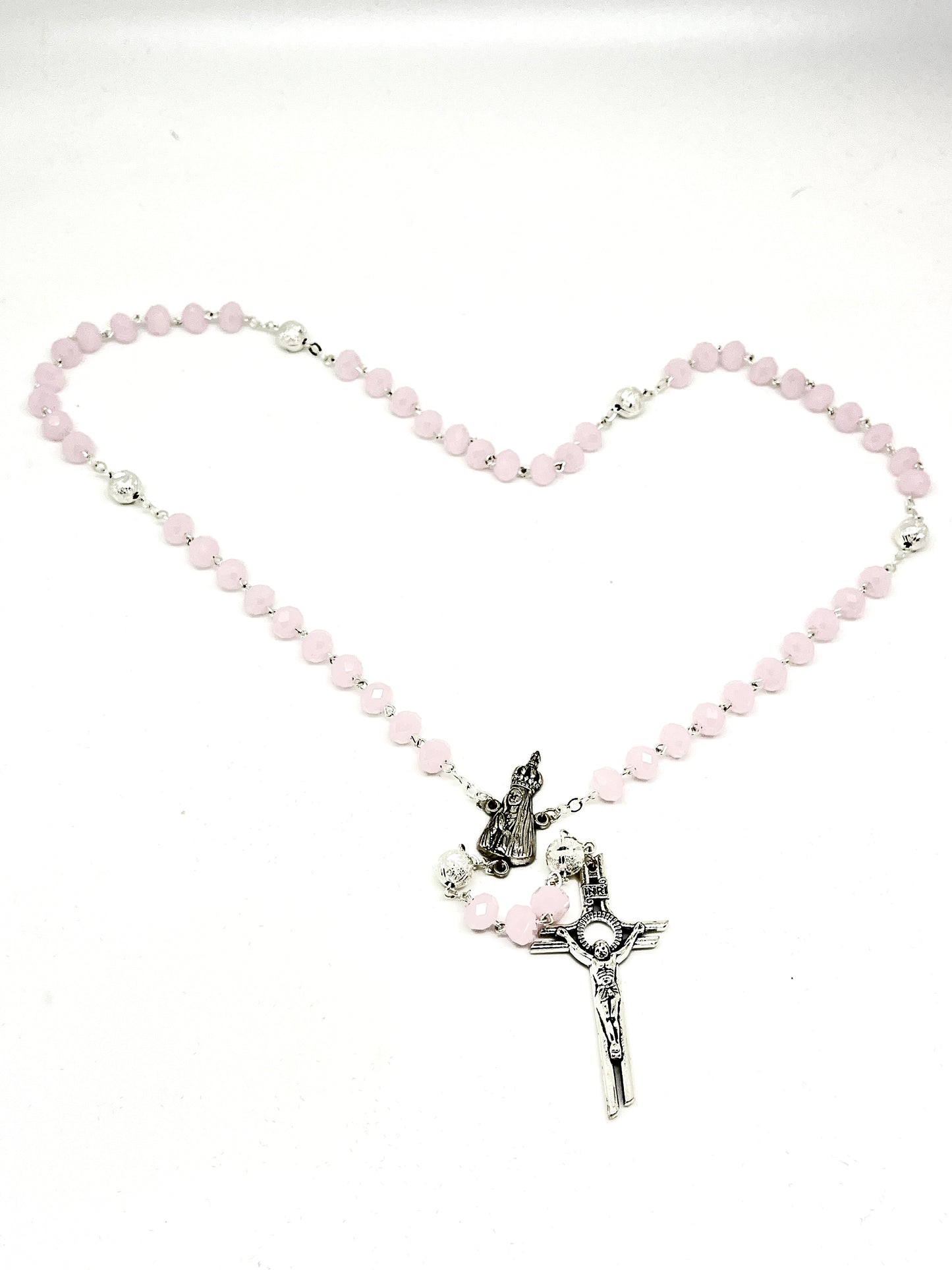 Silver and Soft Pink Crystal Rosary 8MM - Unique Catholic Gifts