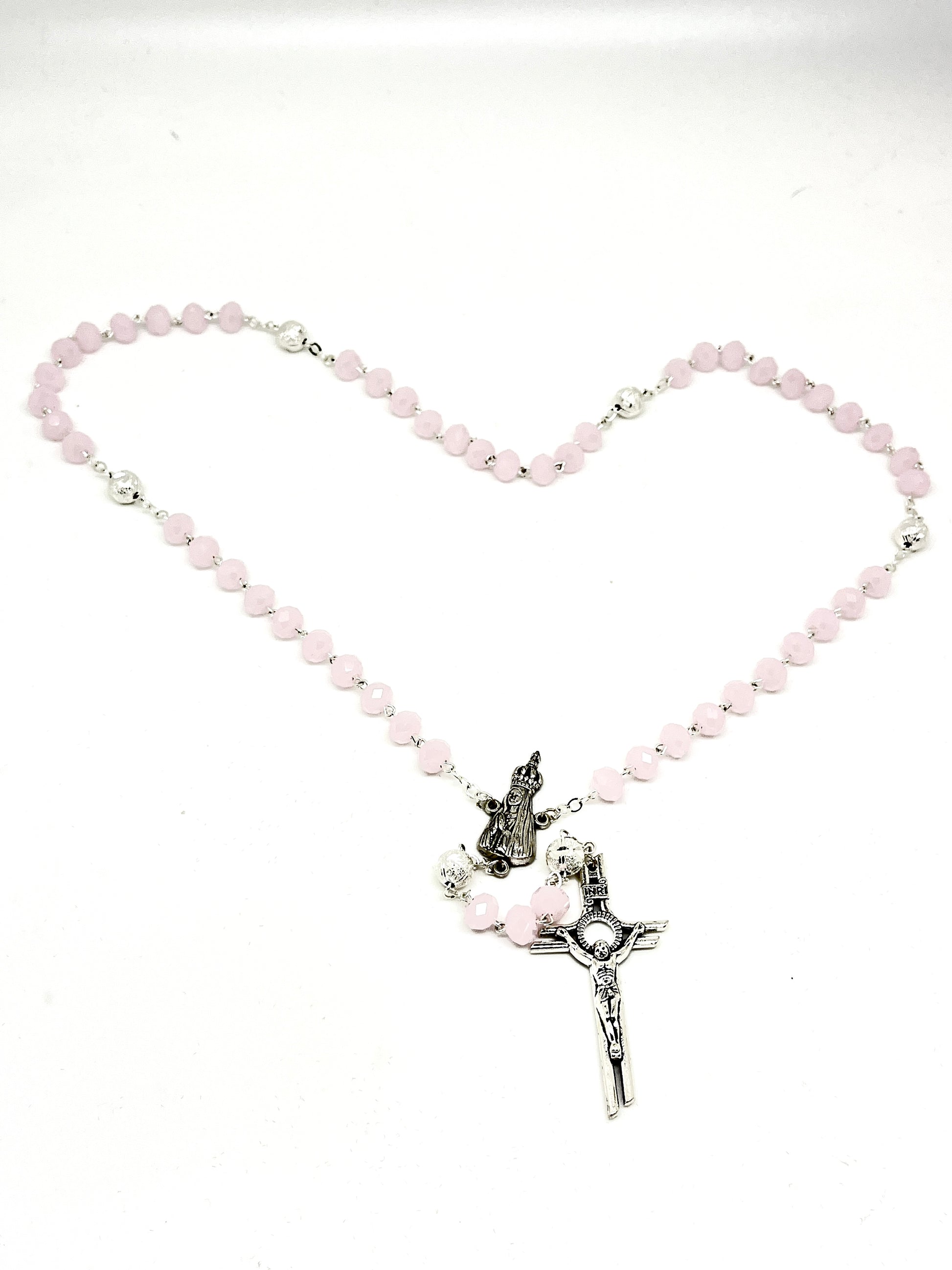 Silver and Soft Pink Crystal Rosary 8MM - Unique Catholic Gifts