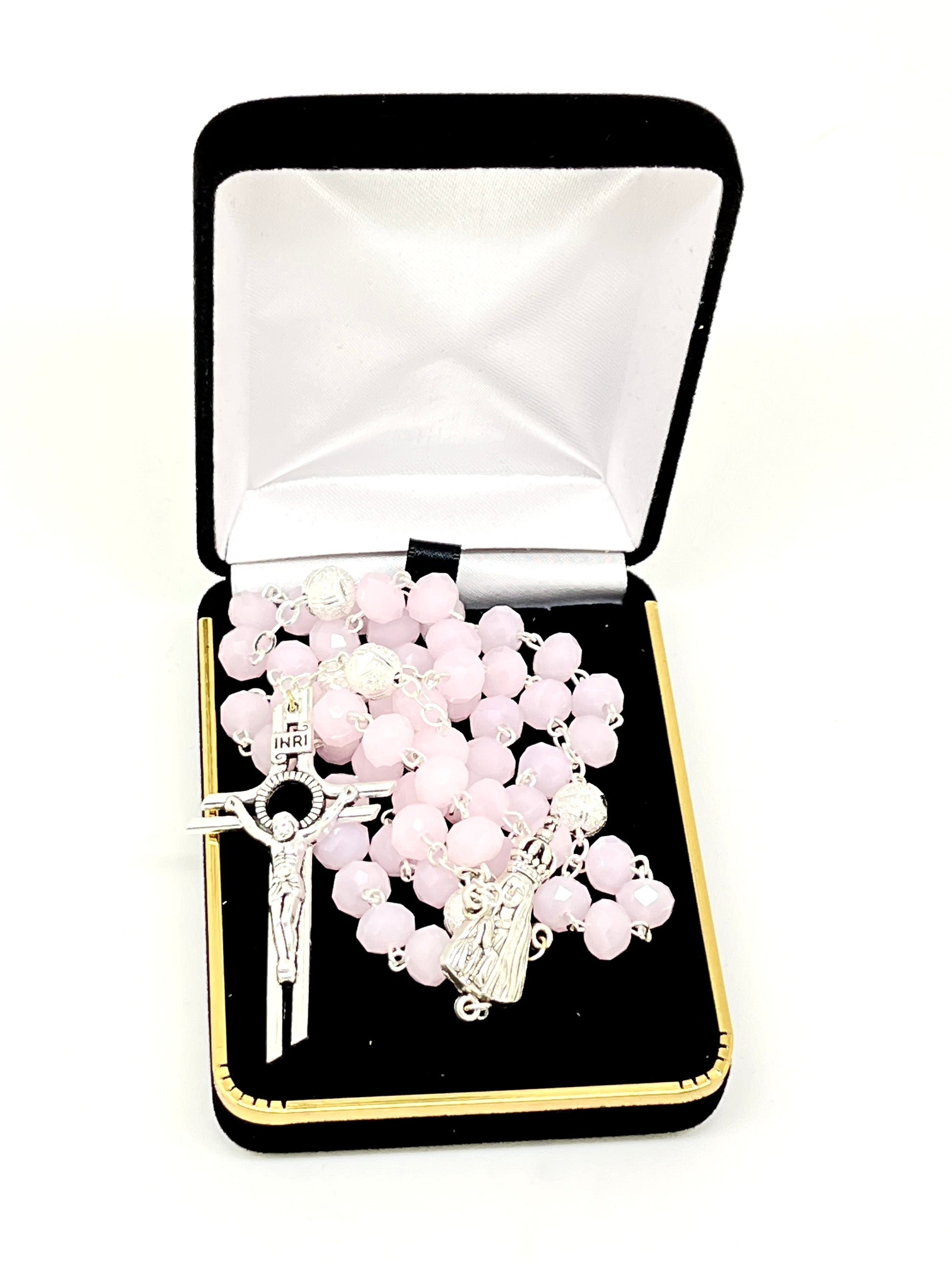 Silver and Soft Pink Crystal Rosary 8MM - Unique Catholic Gifts