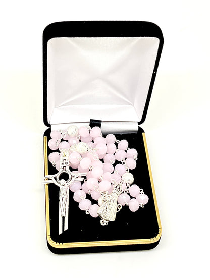 Silver and Soft Pink Crystal Rosary 8MM - Unique Catholic Gifts