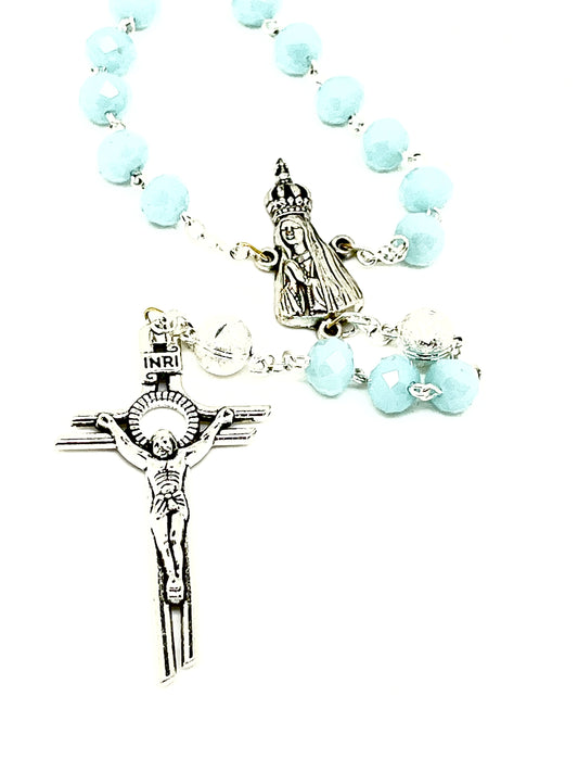 Silver and Soft Blue Crystal Rosary 8MM - Unique Catholic Gifts