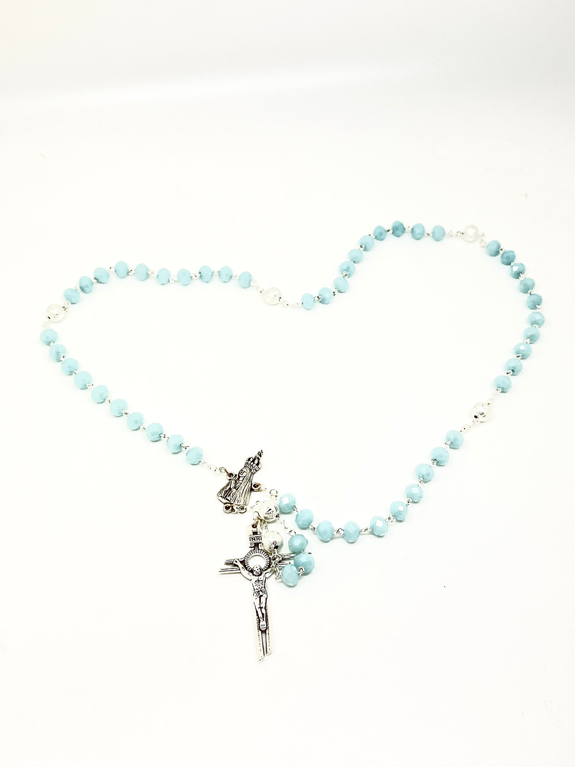 Silver and Soft Blue Crystal Rosary 8MM - Unique Catholic Gifts