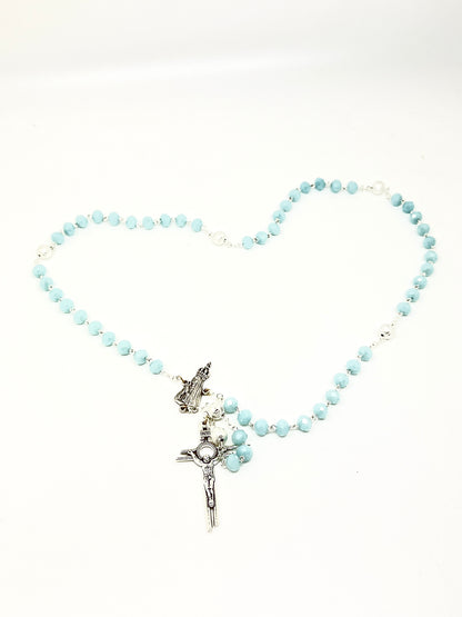 Silver and Soft Blue Crystal Rosary 8MM - Unique Catholic Gifts