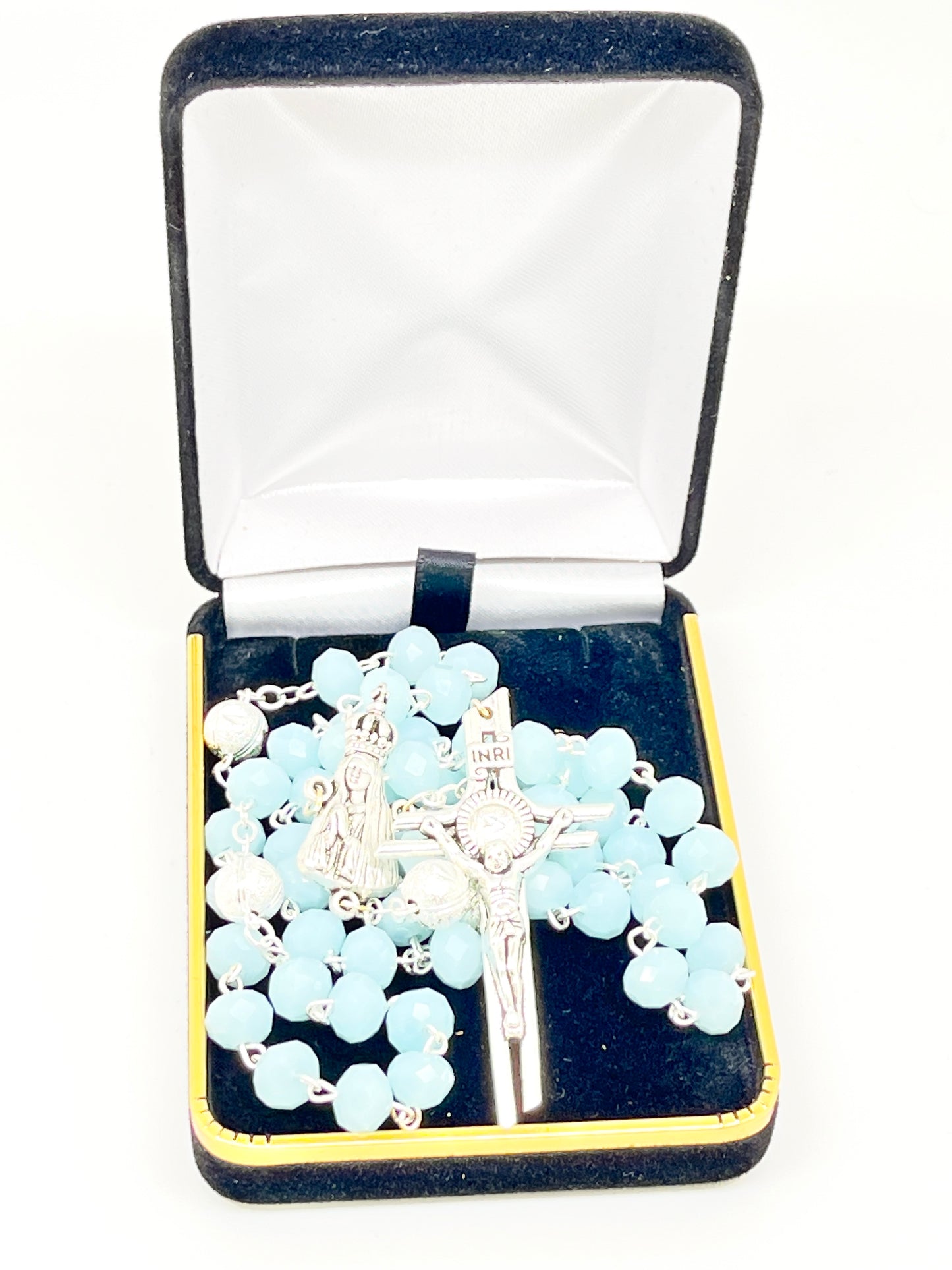 Silver and Soft Blue Crystal Rosary 8MM - Unique Catholic Gifts