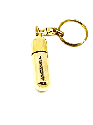 Frankincense and Myrrh in a Gold Tone  "Jesus" Keychain and Holy Oil Holder - Unique Catholic Gifts