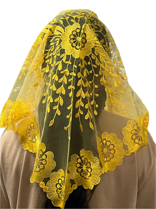 Mustard Yellow Elaina Lace Mantilla Chapel Spanish Veil 51" - Unique Catholic Gifts