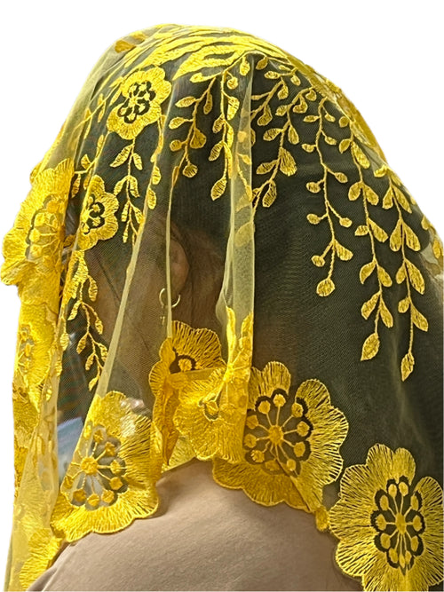 Mustard Yellow Elaina Lace Mantilla Chapel Spanish Veil 51" - Unique Catholic Gifts