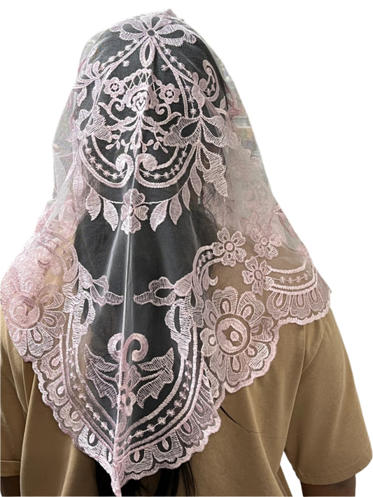 Pink Lilian Lace Mantilla Chapel Spanish Veil 51" - Unique Catholic Gifts