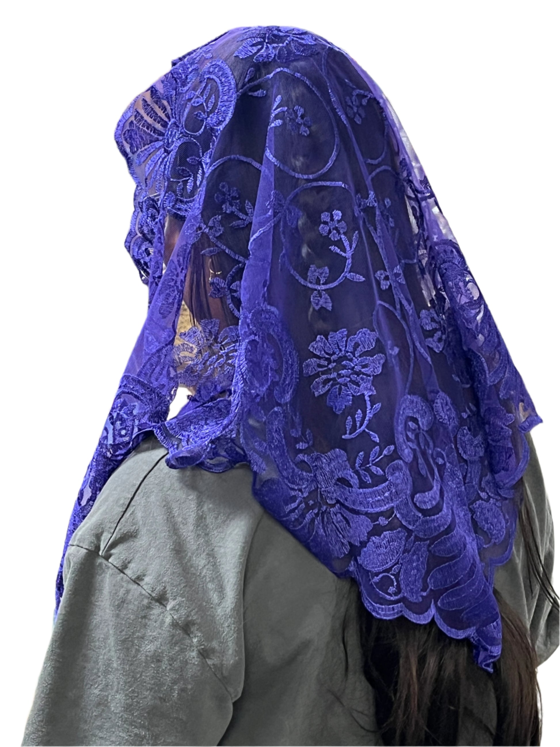 Grape Purple Jacinta Lace Mantilla Chapel Spanish Veil 51" - Unique Catholic Gifts