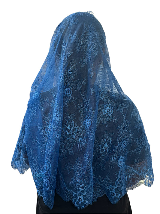 Arabic Blue Sarah Half Circle Lace Mantilla Chapel Spanish Veil 61" - Unique Catholic Gifts
